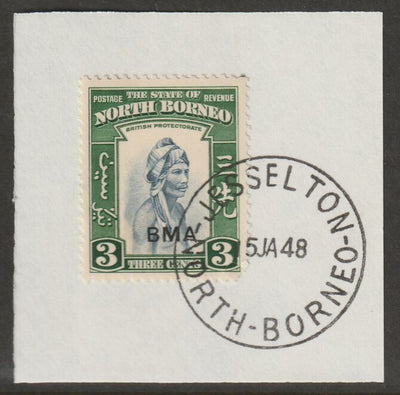 North Borneo 1945 BMA overprinted on 3c on piece with full strike of Madame Joseph forged postmark type 311