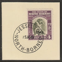North Borneo 1945 BMA overprinted on 4c on piece with full strike of Madame Joseph forged postmark type 311