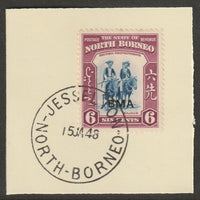 North Borneo 1945 BMA overprinted on 6c on piece with full strike of Madame Joseph forged postmark type 311