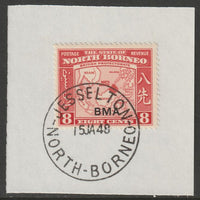 North Borneo 1945 BMA overprinted on 8c on piece with full strike of Madame Joseph forged postmark type 311