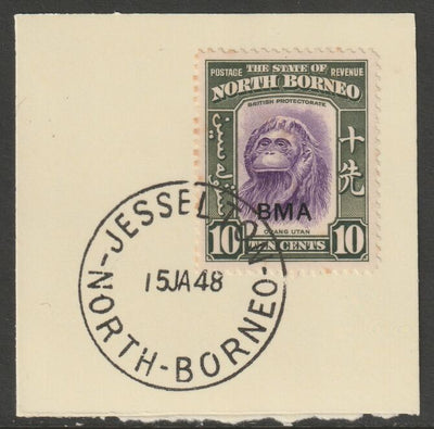 North Borneo 1945 BMA overprinted on 10c on piece with full strike of Madame Joseph forged postmark type 311