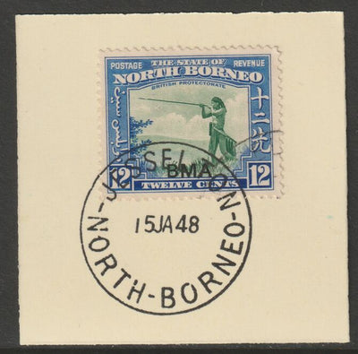 North Borneo 1945 BMA overprinted on 12c on piece with full strike of Madame Joseph forged postmark type 311