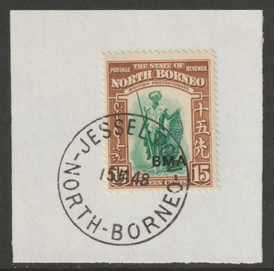 North Borneo 1945 BMA overprinted on 15c on piece with full strike of Madame Joseph forged postmark type 311
