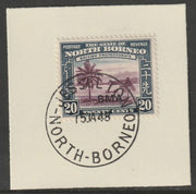 North Borneo 1945 BMA overprinted on 20c on piece with full strike of Madame Joseph forged postmark type 311