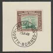 North Borneo 1945 BMA overprinted on 25c on piece with full strike of Madame Joseph forged postmark type 311