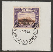 North Borneo 1945 BMA overprinted on 50c on piece with full strike of Madame Joseph forged postmark type 311