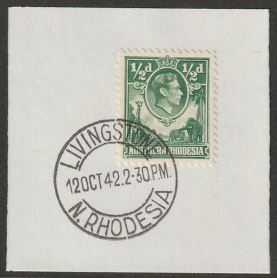 Northern Rhodesia 1938 KG6 1/2d green on piece with full strike of Madame Joseph forged postmark type 335