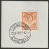 Northern Rhodesia 1938 KG6 1.5d yellow-brown on piece with full strike of Madame Joseph forged postmark type 335