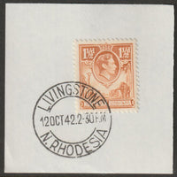 Northern Rhodesia 1938 KG6 1.5d yellow-brown on piece with full strike of Madame Joseph forged postmark type 335