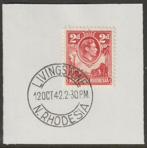 Northern Rhodesia 1938 KG6 2d carmine-red on piece with full strike of Madame Joseph forged postmark type 335