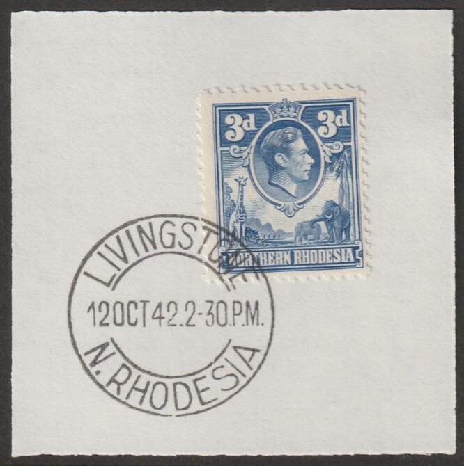 Northern Rhodesia 1938 KG6 3d ultramarine on piece with full strike of Madame Joseph forged postmark type 335