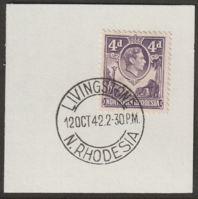 Northern Rhodesia 1938 KG6 4d dull violet on piece with full strike of Madame Joseph forged postmark type 335