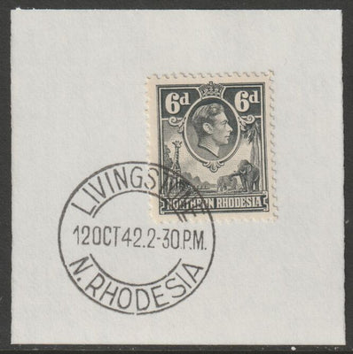 Northern Rhodesia 1938 KG6 6d grey on piece with full strike of Madame Joseph forged postmark type 335