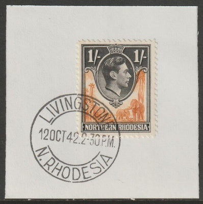 Northern Rhodesia 1938 KG6 1s yellow-brown & black on piece with full strike of Madame Joseph forged postmark type 335