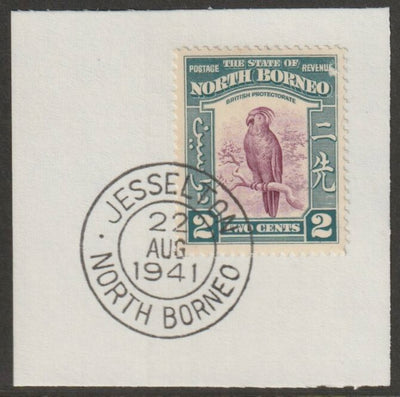 North Borneo 1939 Cockatoo 2c on piece with full strike of Madame Joseph forged postmark type 310