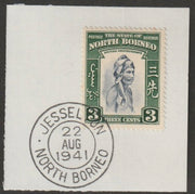 North Borneo 1939 Native 3c on piece with full strike of Madame Joseph forged postmark type 310