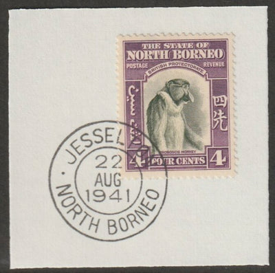 North Borneo 1939 Monkey 4c on piece with full strike of Madame Joseph forged postmark type 310