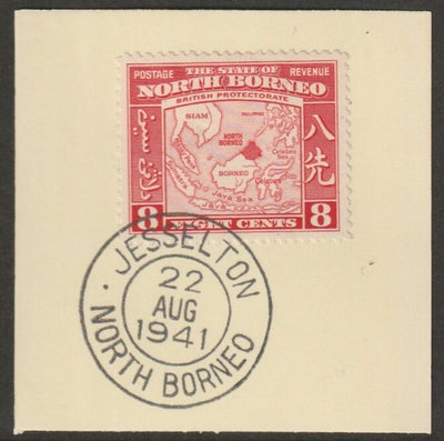 North Borneo 1939 Map 8c on piece with full strike of Madame Joseph forged postmark type 310