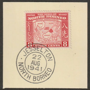 North Borneo 1939 Map 8c on piece with full strike of Madame Joseph forged postmark type 310