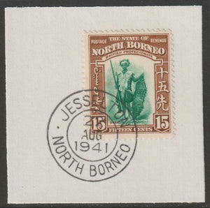 North Borneo 1939 Dyak 15c on piece with full strike of Madame Joseph forged postmark type 310