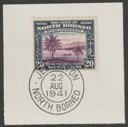 North Borneo 1939 River Scene 20c on piece with full strike of Madame Joseph forged postmark type 310