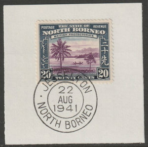 North Borneo 1939 River Scene 20c on piece with full strike of Madame Joseph forged postmark type 310
