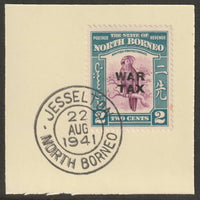 North Borneo 1941 WAR TAX overprinted on Cockatoo 2c on piece with full strike of Madame Joseph forged postmark type 310