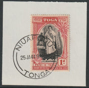 Tonga  1944 Silver Jubilee of Queen Salote's Acccession 1d on piece with full strike of Madame Joseph forged postmark type 416