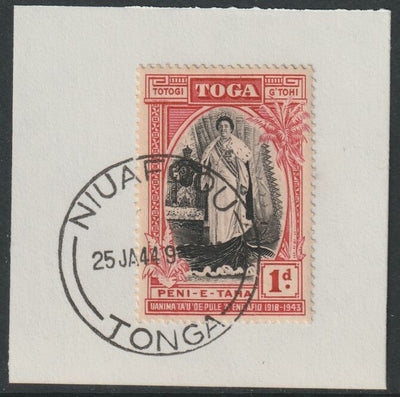 Tonga  1944 Silver Jubilee of Queen Salote's Acccession 1d on piece with full strike of Madame Joseph forged postmark type 416