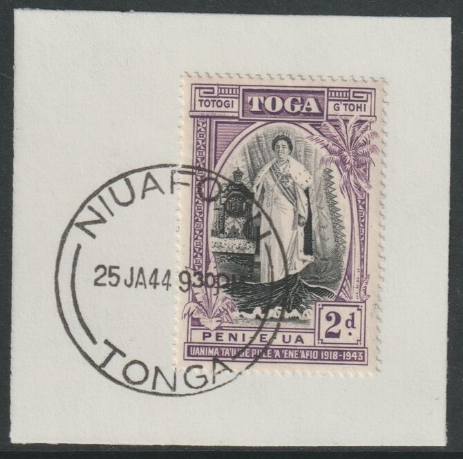 Tonga  1944 Silver Jubilee of Queen Salote's Acccession 2d on piece with full strike of Madame Joseph forged postmark type 416