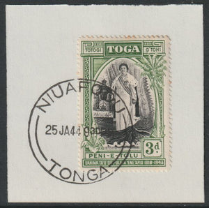 Tonga  1944 Silver Jubilee of Queen Salote's Acccession 3d on piece with full strike of Madame Joseph forged postmark type 416