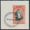 Tonga  1944 Silver Jubilee of Queen Salote's Acccession 6d on piece with full strike of Madame Joseph forged postmark type 416