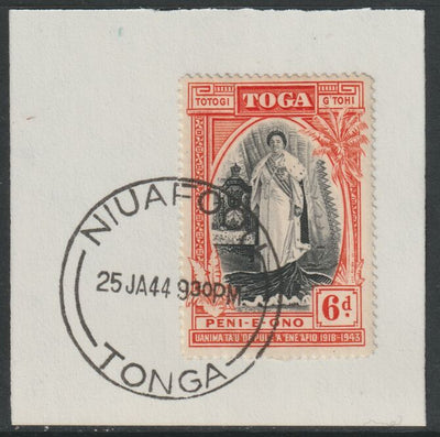 Tonga  1944 Silver Jubilee of Queen Salote's Acccession 6d on piece with full strike of Madame Joseph forged postmark type 416