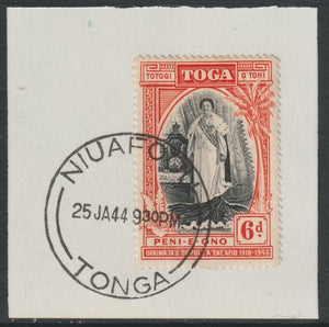 Tonga  1944 Silver Jubilee of Queen Salote's Acccession 6d on piece with full strike of Madame Joseph forged postmark type 416