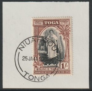 Tonga  1944 Silver Jubilee of Queen Salote's Acccession 1s on piece with full strike of Madame Joseph forged postmark type 416