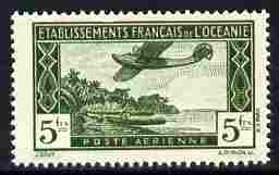 French Oceanic Settlements 1934 Flying boat 5f perforated proof in green similar to SG Type 17 but 5fr in tablet on both sides, without gum