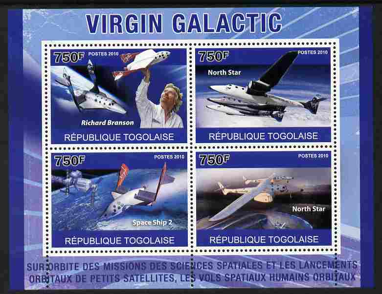 Togo 2010 Virgin Galactic perf sheetlet containing 4 values unmounted mint