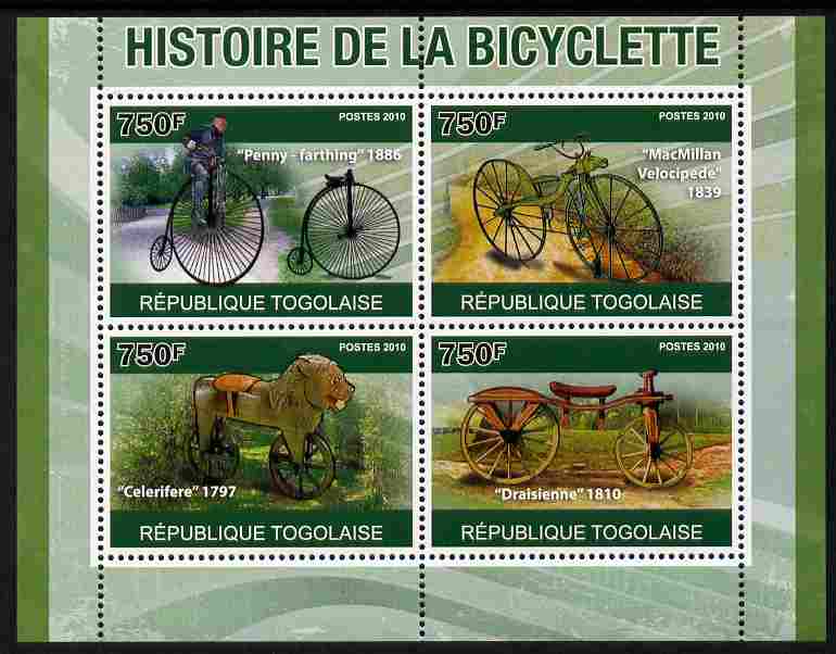Togo 2010 History of the Bicycle perf sheetlet containing 4 values unmounted mint