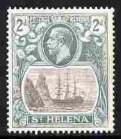 St Helena 1922-37 KG5 Badge Script 2d single with variety 'top 3 lines of shading broken above rock', (stamp 2) mtd mint SG 100var