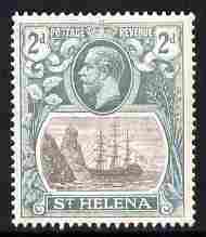 St Helena 1922-37 KG5 Badge Script 2d single with variety 'top 3 lines of shading broken above rock', (stamp 2) mtd mint SG 100var