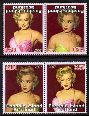 Easdale 2007 Marilyn Monroe £1.50 #1 perf se-tenant pair with images transposed and Country, value & date inverted complete with normal pair, both unmounted mint