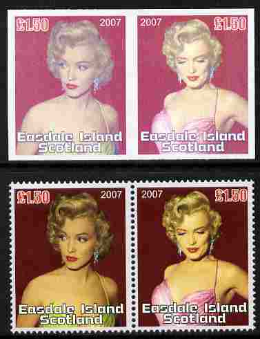 Easdale 2007 Marilyn Monroe £1.50 #1 imperf se-tenant pair with superb dry print with normal perf pair, both unmounted mint