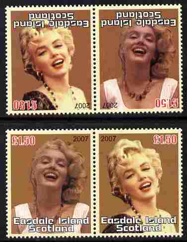 Easdale 2007 Marilyn Monroe £1.50 #2 perf se-tenant pair with images transposed and Country, value & date inverted complete with normal pair, both unmounted mint