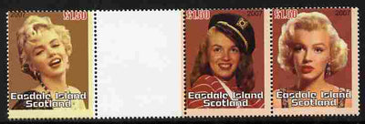 Easdale 2007 Marilyn Monroe £1.50 #3 perf se-tenant pair in gutter strip with one value of Marilyn #2, from uncut proof sheet unmounted mint