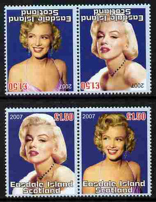 Easdale 2007 Marilyn Monroe £1.50 #4 perf se-tenant pair with images transposed and Country, value & date inverted complete with normal pair, both unmounted mint