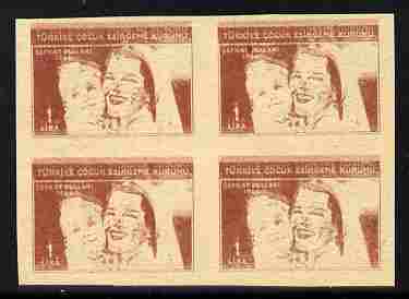 Turkey 1966 Child Welfare 1L imperf proof block of 4 in brown with red omitted, reverse shows impressions of 25k value on ungummed paper similar to SG T1536 & T1571