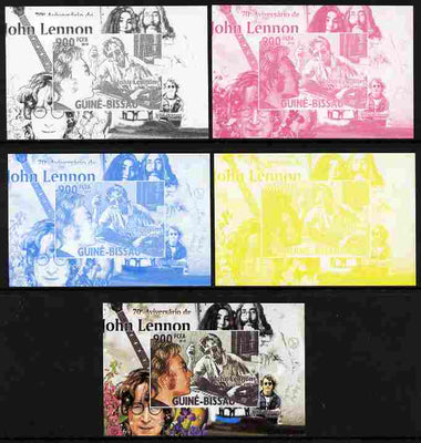 Guinea - Bissau 2010 John Lennon 70th Birth Anniversary #1 individual deluxe sheet - the set of 5 imperf progressive proofs comprising the 4 individual colours plus all 4-colour composite, unmounted mint