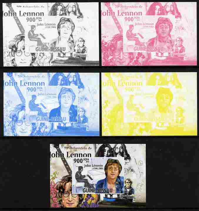 Guinea - Bissau 2010 John Lennon 70th Birth Anniversary #2 individual deluxe sheet - the set of 5 imperf progressive proofs comprising the 4 individual colours plus all 4-colour composite, unmounted mint