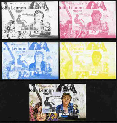Guinea - Bissau 2010 John Lennon 70th Birth Anniversary #2 individual deluxe sheet - the set of 5 imperf progressive proofs comprising the 4 individual colours plus all 4-colour composite, unmounted mint