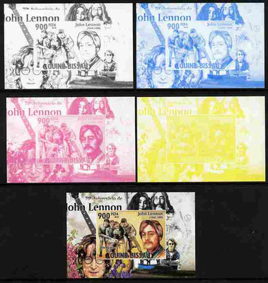 Guinea - Bissau 2010 John Lennon 70th Birth Anniversary #3 individual deluxe sheet - the set of 5 imperf progressive proofs comprising the 4 individual colours plus all 4-colour composite, unmounted mint